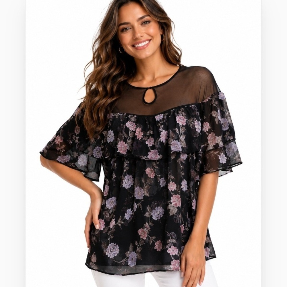 Alfani Floral Embroidered Mesh Blouse Women Large Black Ruffle Sheer Top